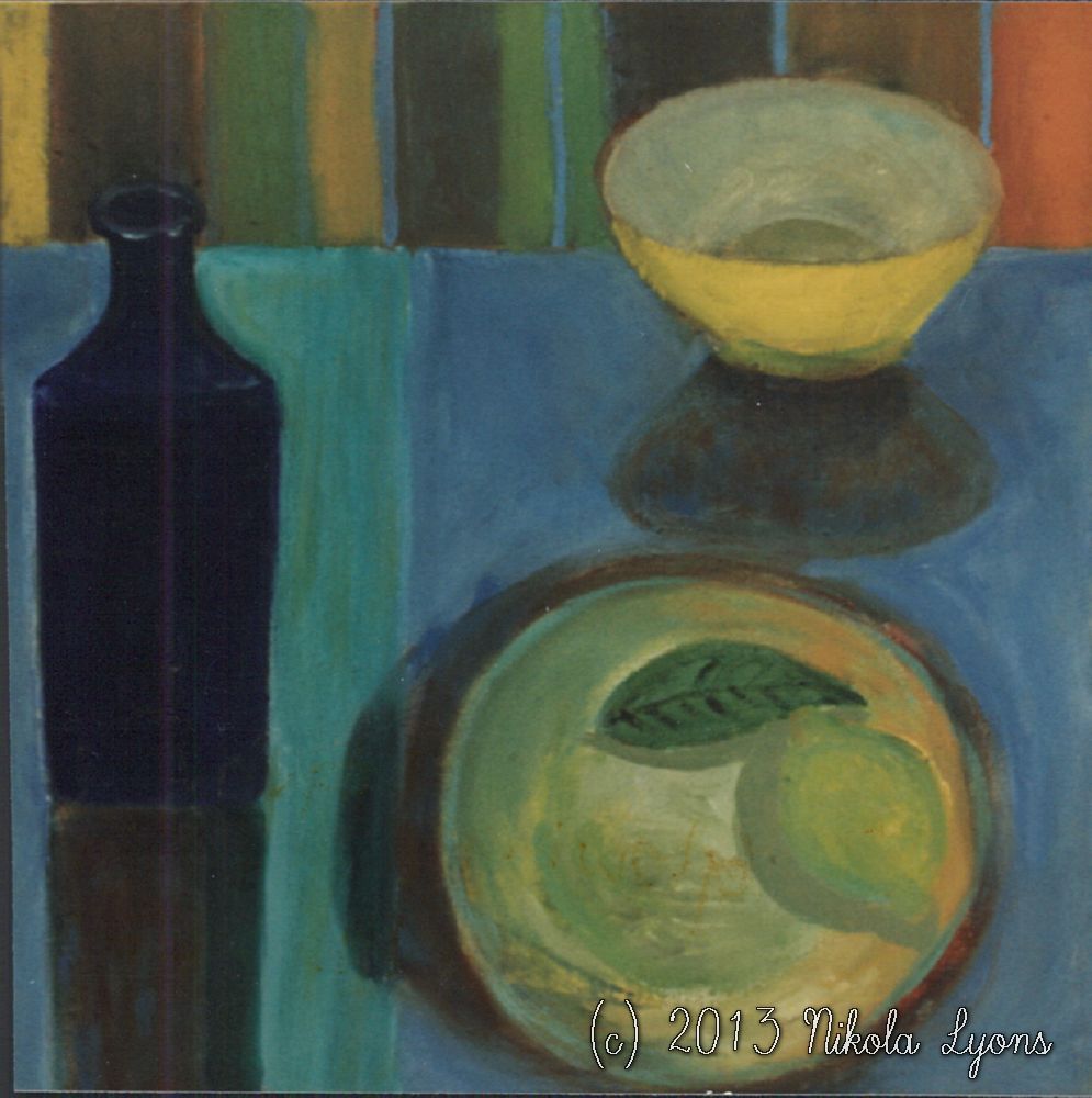 Nikola Lyons: Small Blue Still Life With Bottle